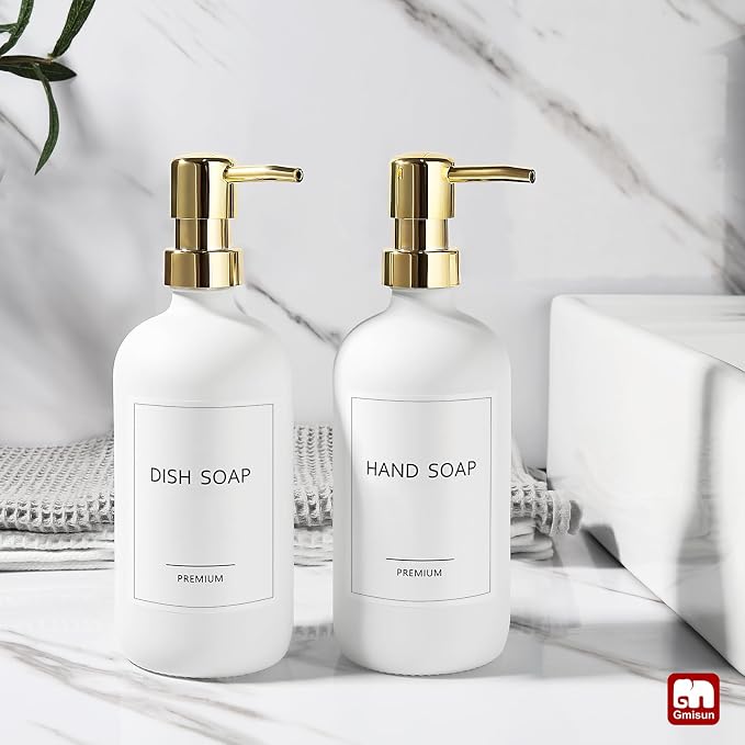 GMISUN White Soap Dispenser, 2 Pack Glass Hand Soap Dispensers Bathroom - Image 4