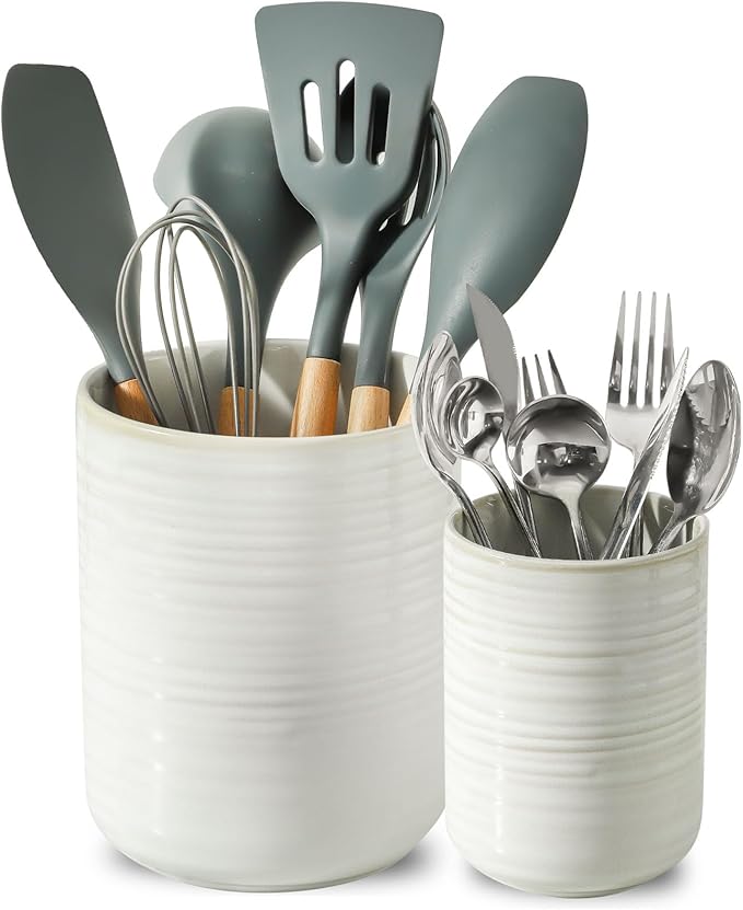 HASENSE Cooking Utensil Holder, 7.4"+5.5" Ceramic Kitchen Utensil Holder by Hasense