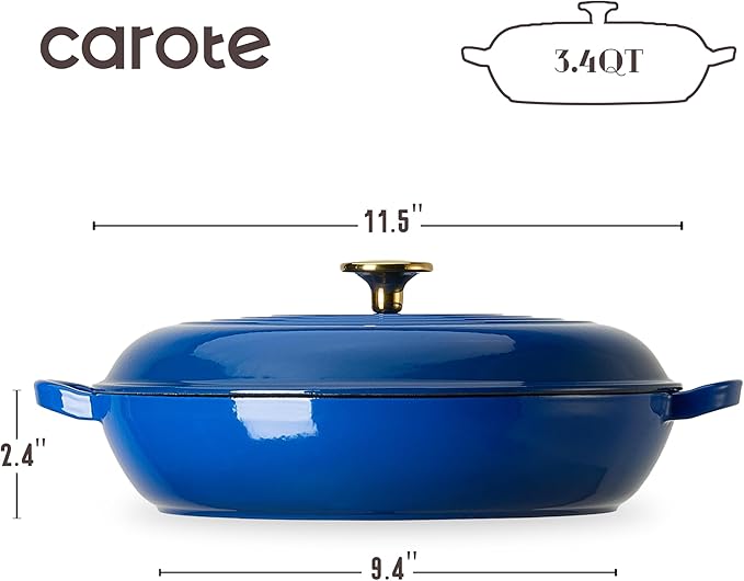 CAROTE 3.4QT Enameled Cast Iron Braiser Pan, Shallow Dutch Oven Casserole - Image 2