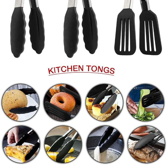 9 Inch Small Kitchen Tongs Set of 3, Silicone Cooking Tongs - Image 5