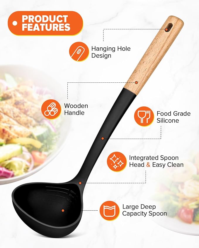 Pasta Fork and Ladle Set, and Sauce Pasta, BPA-Free Matte Silicone, Wood Handle - Image 4