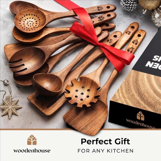 Wooden Spoons for Cooking – 10 Pcs Teak Wood Utensil Set, Nonstick Safe & Heat - Image 8