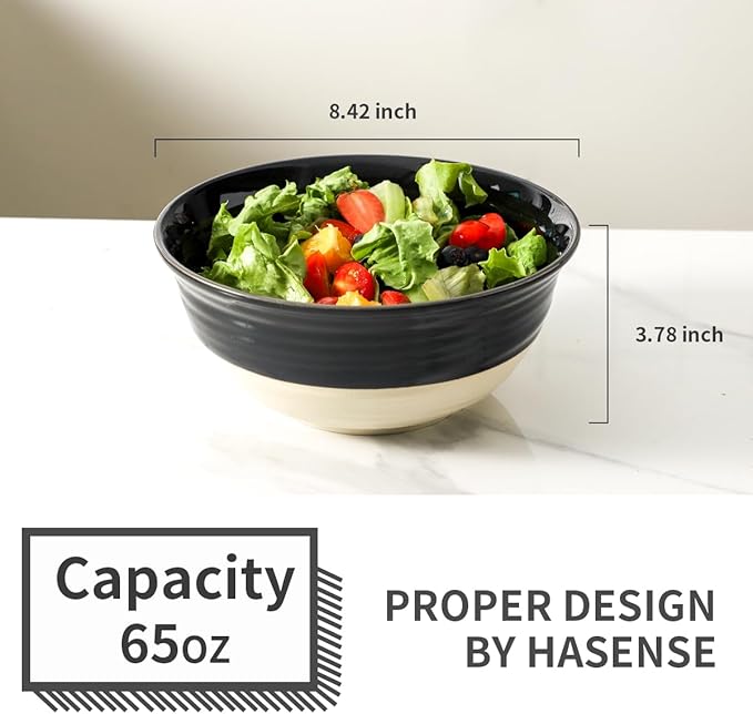 HASENSE Large Porcelain Serving Bowls Set of 2, 60 Oz 8.5 Inch Black & Beige - Image 2