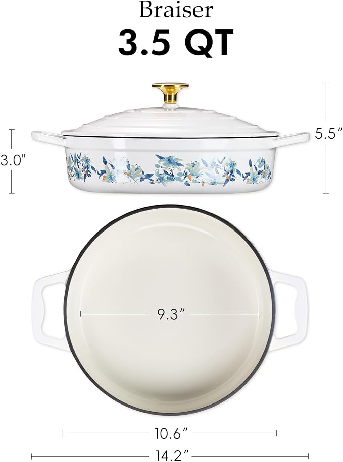 CAROTE 3.5QT Shallow Dutch Oven Enameled Cast Iron Braiser - Image 2