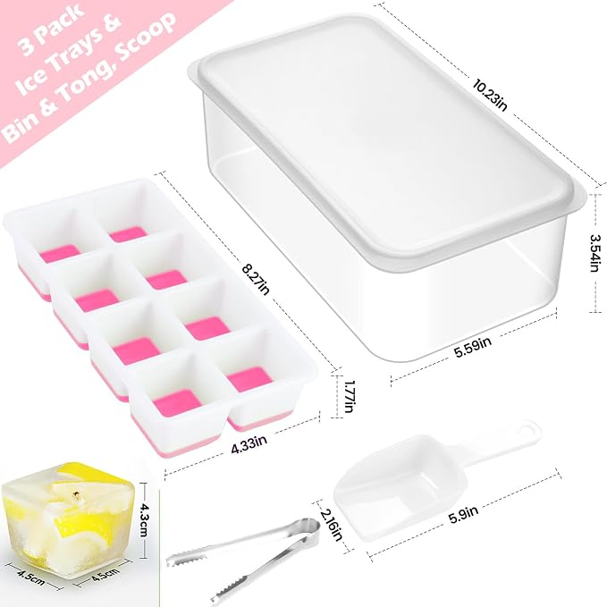 Large Ice Cube Tray with Lid and Bin, Jrisbo Silicone Big Square Ice Cube Molds - Image 6