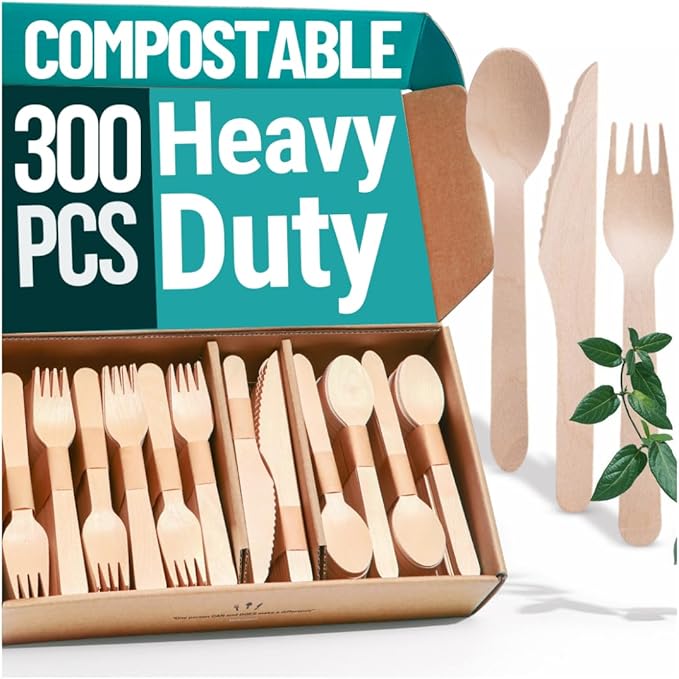 300pcs Disposable Wooden Cutlery Set Our Heavy Duty Compostable Wood Utensils by EarthClusive