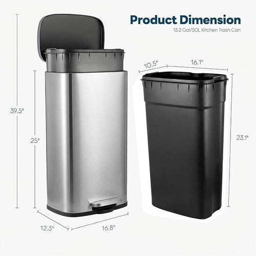 13.2 Gal Kitchen Trash Can, 50L Recycling or Garbage Bin, Brushed Stainless - Image 2