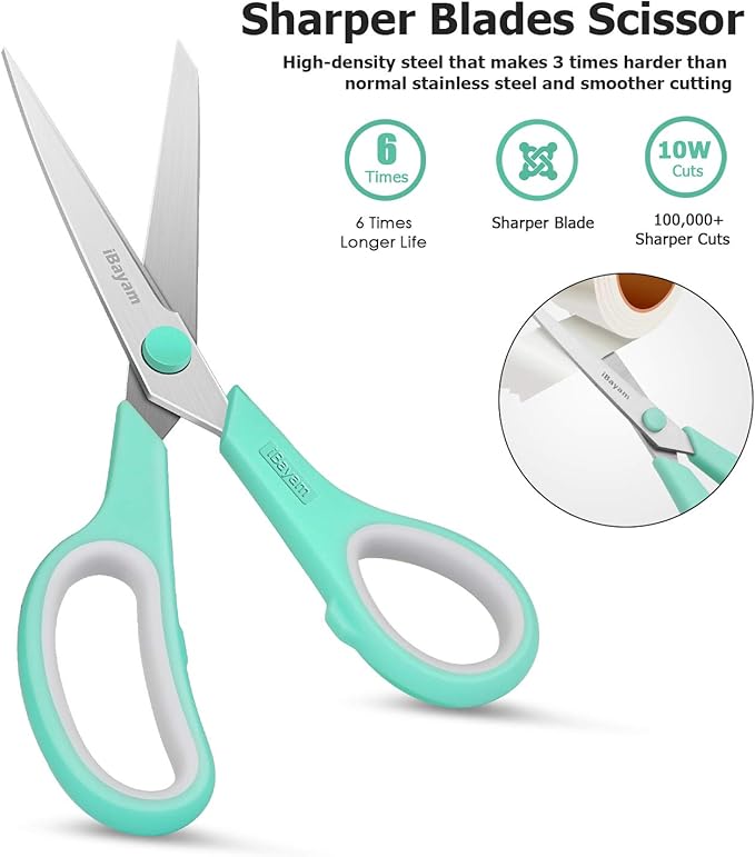 Scissors, iBayam 8" All Purpose Scissors Bulk 3-Pack, Ultra Sharp 2.5mm Thick - Image 4