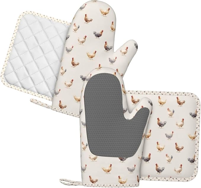 Oven Mitts and Pot Holders Set, Chicken Pattern Silicone Kitchen Accessories 4 - Image 2