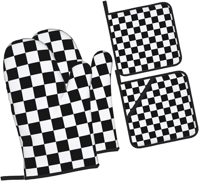 Checkered Black and White Plaid Oven Mitts and Pot Holders Set of 4, Heat by Unknown