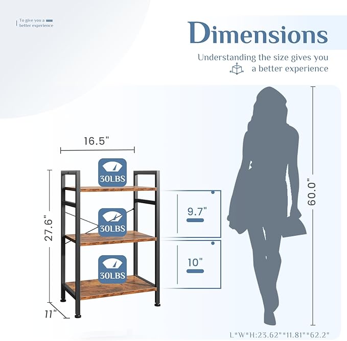 DUMOS 3 Tiers Bookshelf, Classical Book Shelf, Tall Display Shelves in Living - Image 3