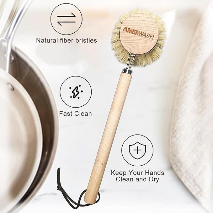 AMERWASH PLUS Dish Brush with Wooden Handle, Natural Kitchen Brush - Image 4