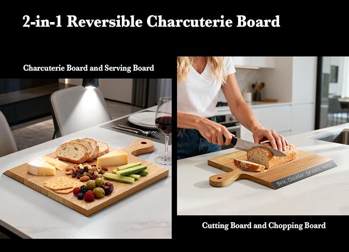 Acacia Wood Cutting Board with Handle, 2-in-1 Reversible Charcuterie Board & - Image 3