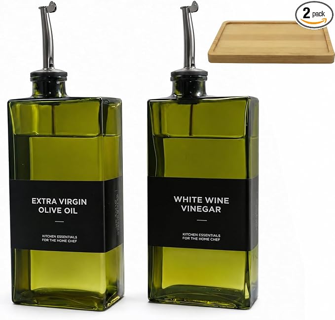 Glass Olive Oil Dispenser Bottle Set of 2, Bamboo Tray + Stainless Steel Funnel by BFCAYQE