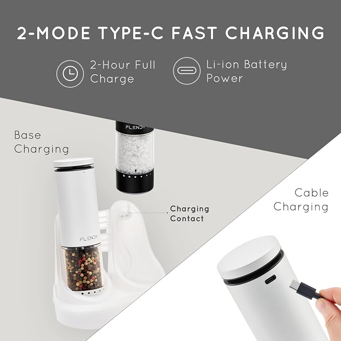 Flendy Electric Salt and Pepper Grinder Set Rechargeable, Automatic Salt and - Image 5