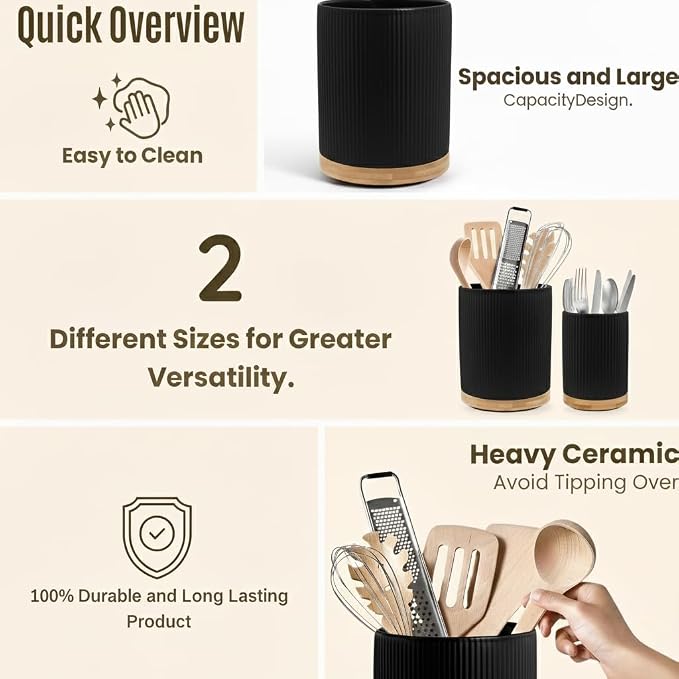 2 Pack Ceramic Utensil Holder, 7.3"+5.4" Large kitchen utensils holder - Image 6