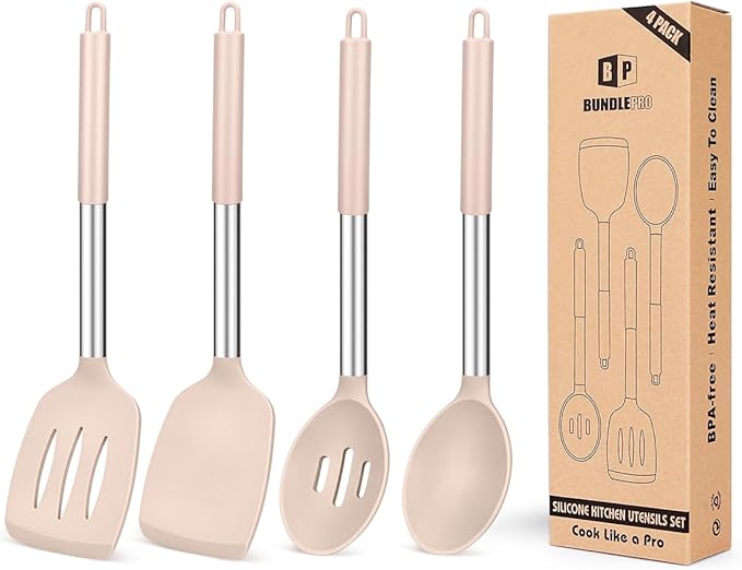 Pack of 4 Silicone Cooking Utensils Set, Non Stick Large Solid Spatulas by BUNDLEPRO