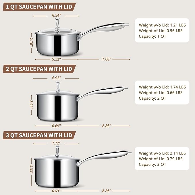 EWFEN 3 Ply Stainless Steel Sauce Pan Set - Image 2