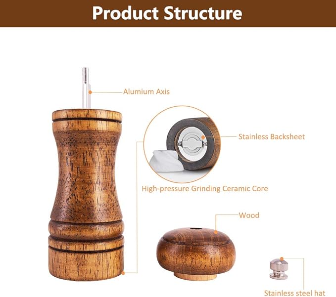 Salt and Pepper Grinders Set, Ouktor Manual Wooden Salt and Pepper Mills Shakers - Image 3
