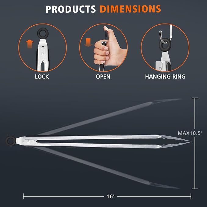 Hotec Stainless Steel Kitchen Tongs, 16 Inch Extra Long Locking Metal Food Tongs - Image 5