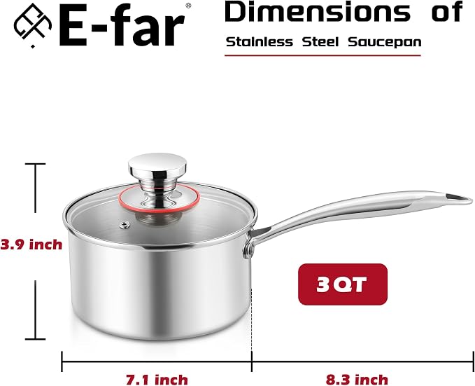 E-far 3-Quart Saucepan, Tri-Ply Stainless Steel Sauce Pan - Image 2
