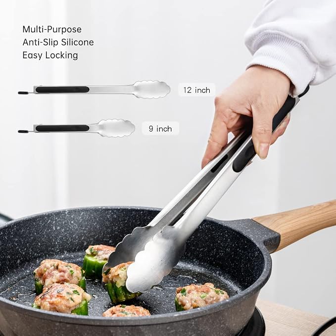 9 & 12 Inch Kitchen Tongs, Stainless Steel Metal Tongs Cooking Tongs, - Image 2