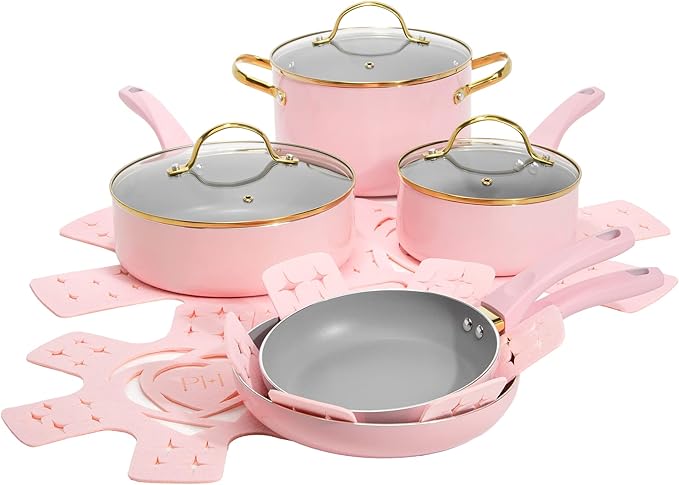 Paris Hilton Epic Nonstick Pots and Pans Set, Tempered Glass Lids, Soft Touch by TheWorldofParisHilton