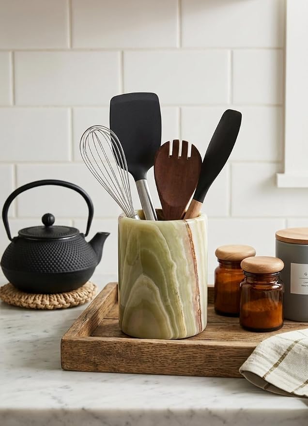 Marble Utensil Holder 6.5 Inch Green Wooden Cooking Utensils Set & Spatula - Image 2