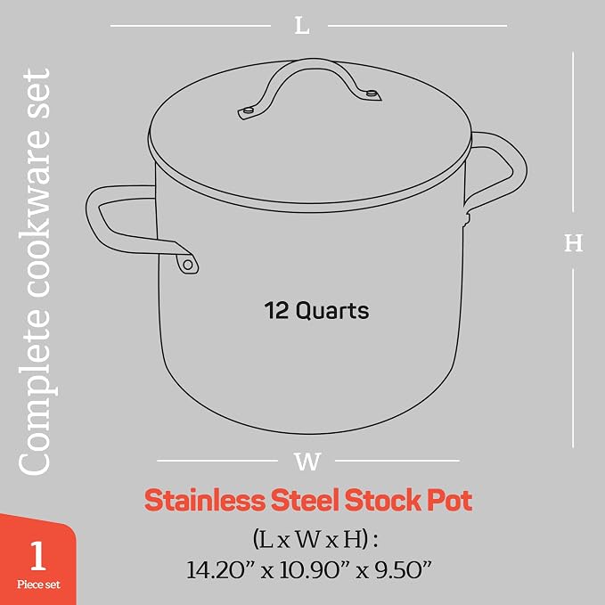 Stainless Steel Stockpot with Tempered Glass Lid 12 Quart, Durable 18/0 - Image 2