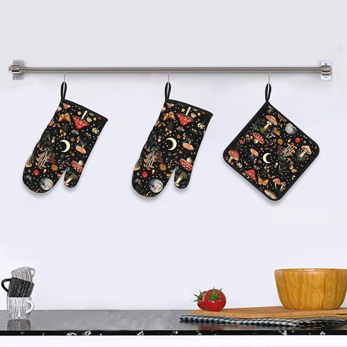 Cute Mushroom Oven Mitts and Pot Holders Sets of 3, Heat Resistant Black Hot - Image 5