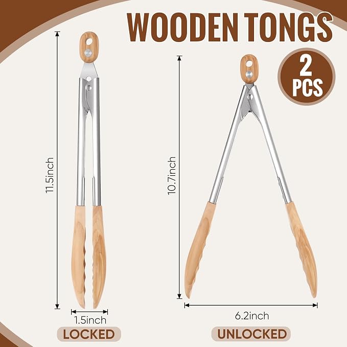Baderke 2 Pcs Olive Wooden Kitchen Tongs - Image 2
