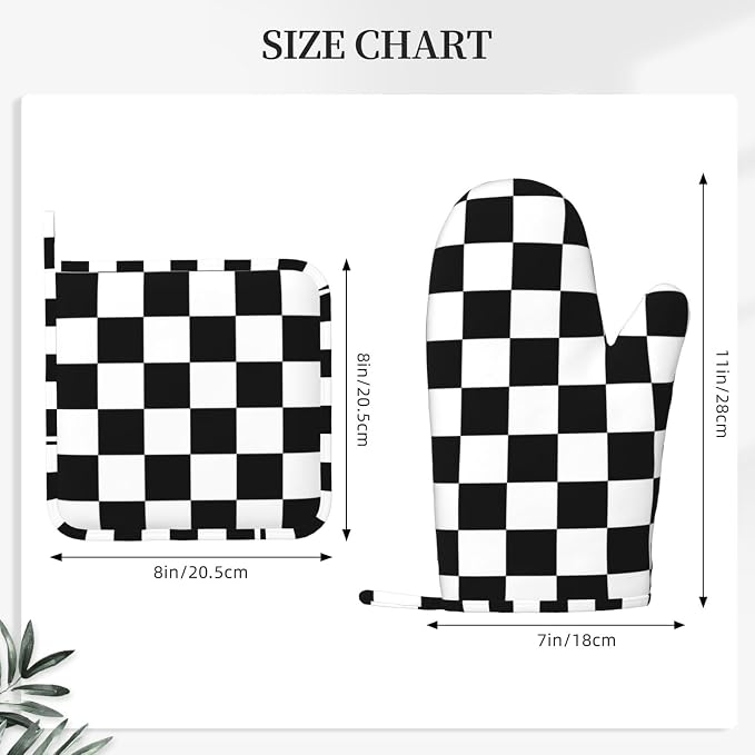 Black White Check Plaid Oven Mitts and Pot Holders Sets Silicone Black and - Image 3