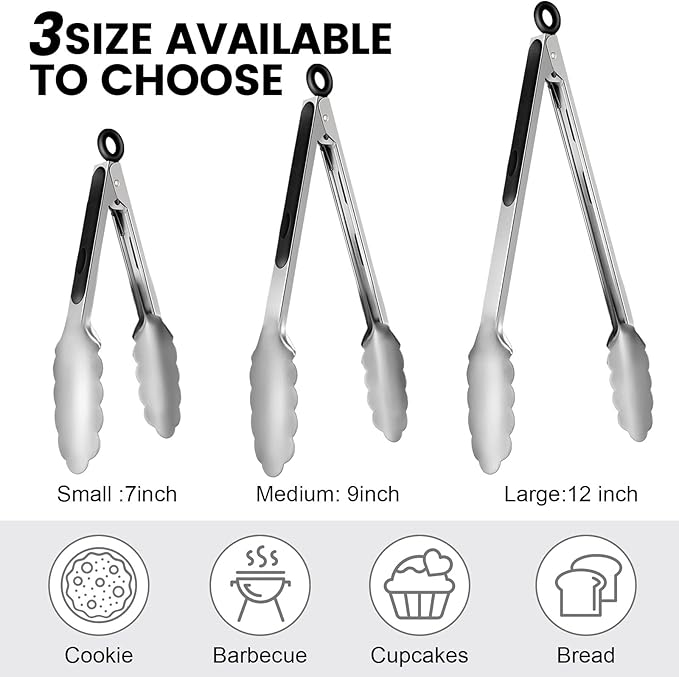Chengu 12 Pack Stainless Steel Kitchen Tongs 7/9/12 Inches Food Serving Tongs - Image 2
