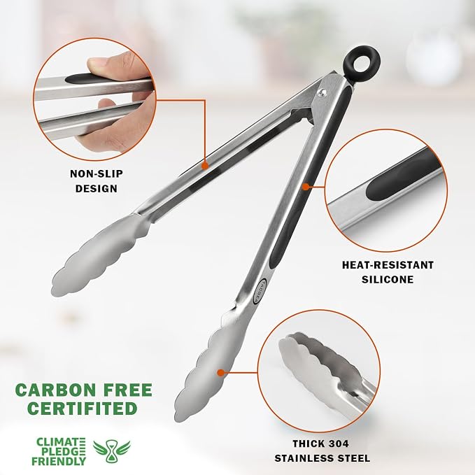 TACGEA Stainless Steel Kitchen Tongs, Silicone Non-slip Grip, Locking Grilling - Image 5