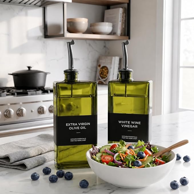 Glass Olive Oil Dispenser Bottle Set of 2, Bamboo Tray + Stainless Steel Funnel - Image 6