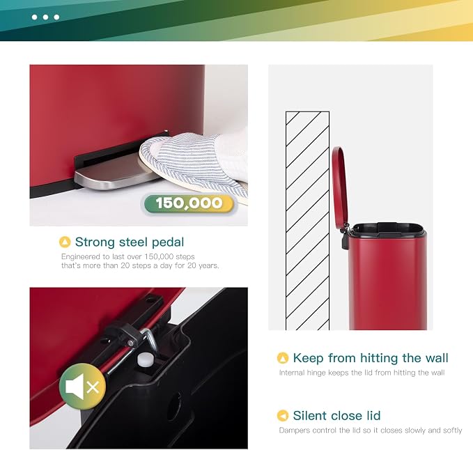 FDW | 13 Gallon Trash Can with Lid | Red | Fingerprint-Proof | Made of Brushed - Image 3