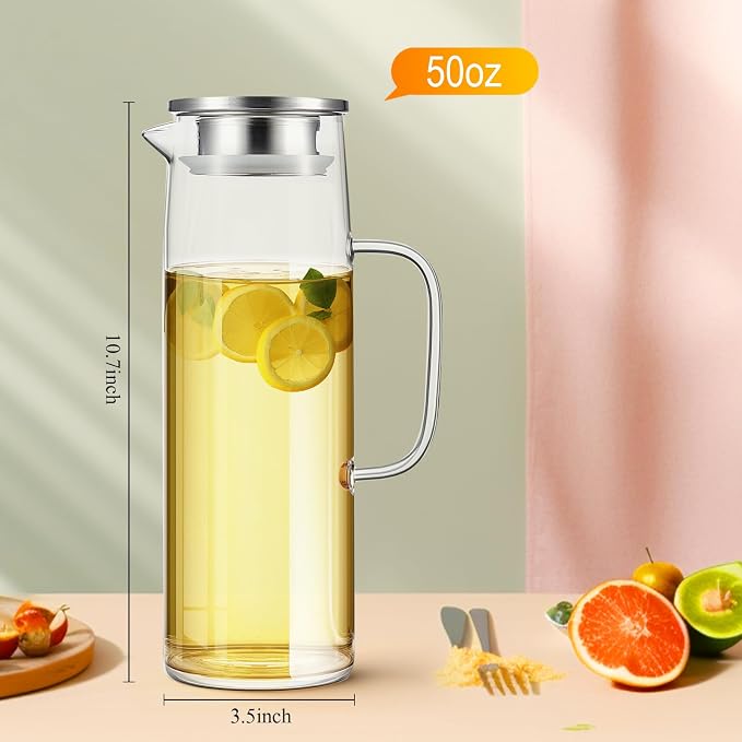 Hsei 2 Sets Glass Pitcher with Lid, 50 oz / 1500 ml Water Carafe with Handles - Image 2
