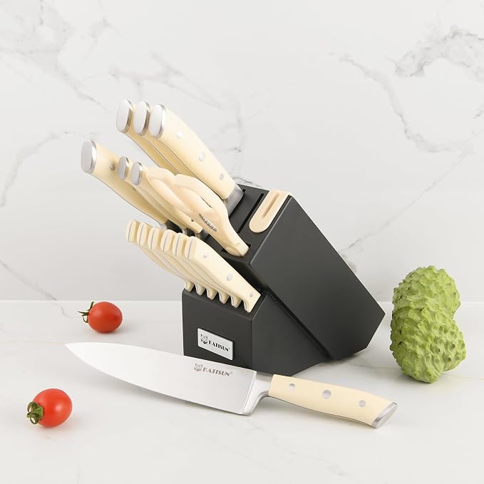 16 Pieces German Steel Knife Block Set, Extra-Long Creamy White Handles - Image 7