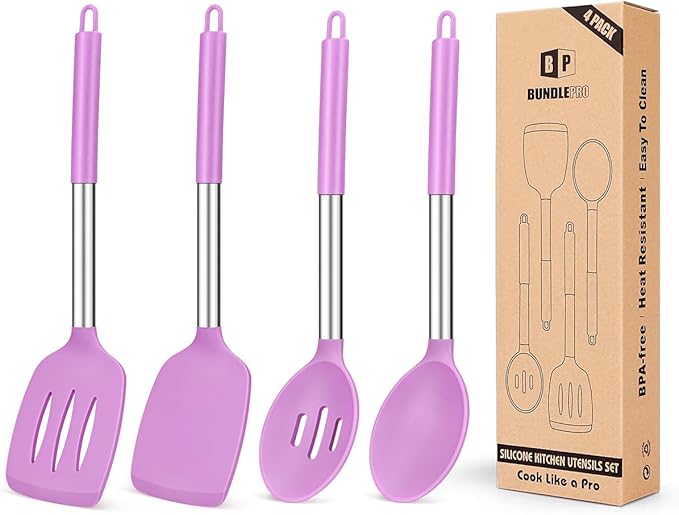 Pack of 4 Silicone Cooking Utensils Set, Non Stick Large Solid Spatulas by BUNDLEPRO