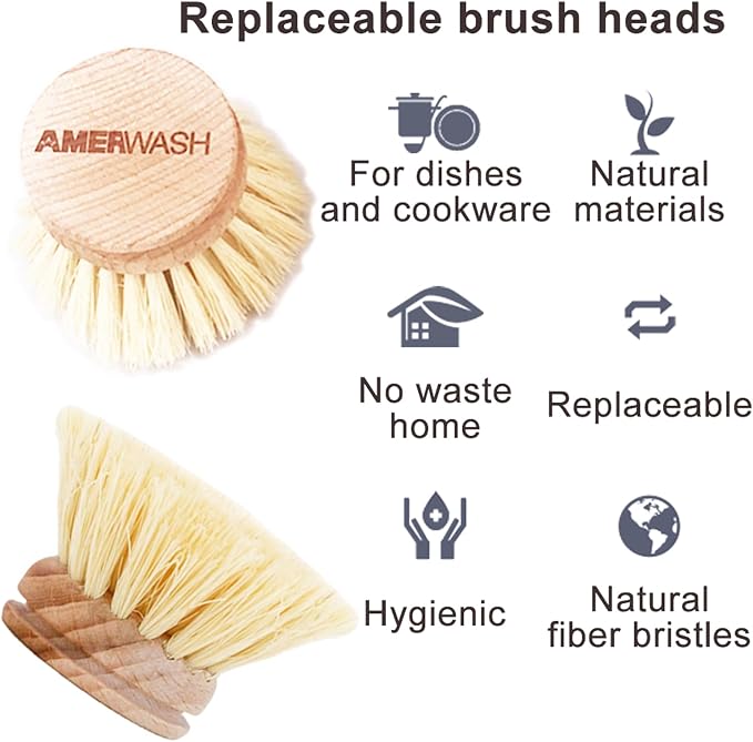 AMERWASH PLUS Classic Dish Brush Replacement Head 3 Packs, Natural Bristle - Image 2