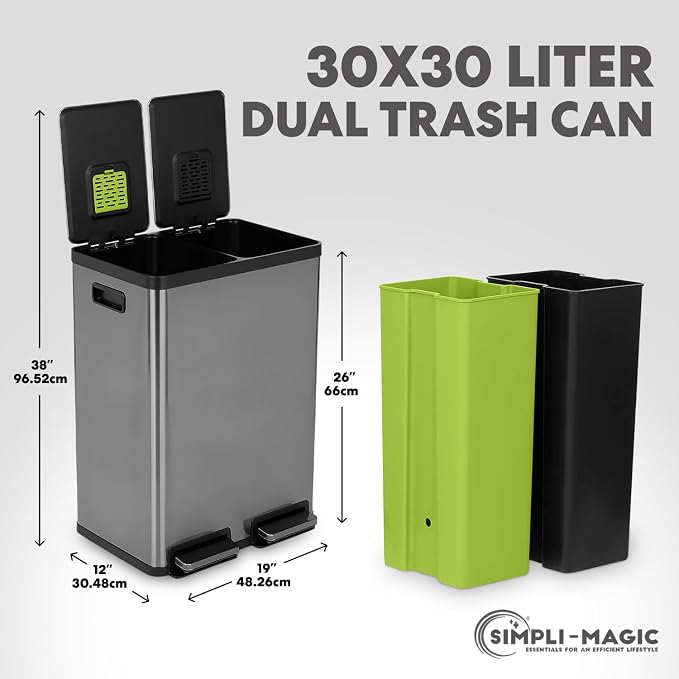 Simpli-Magic 16 Gallon Elegant Black Step Trash Can – Dual Compartment Kitchen - Image 3