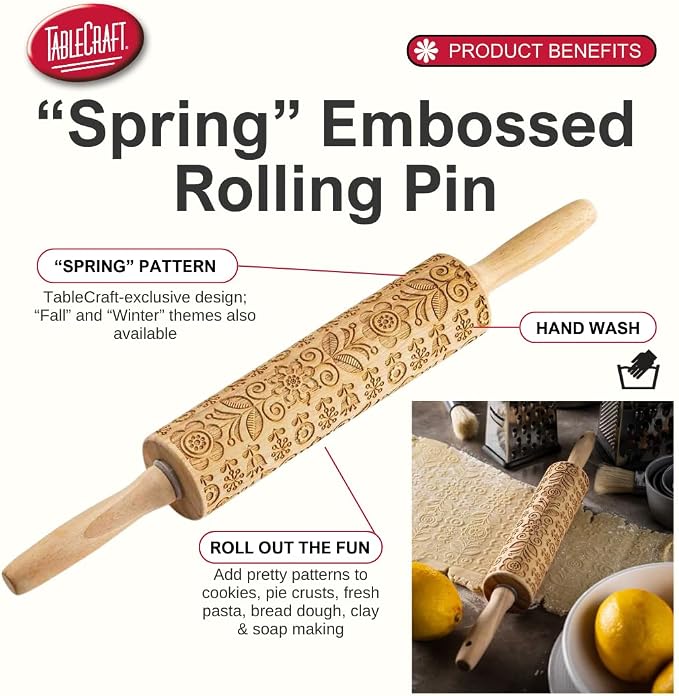 TableCraft Embossed Beech Wood Rolling Pin – 15.25 Inches, Fall Leaf Imprint - Image 2