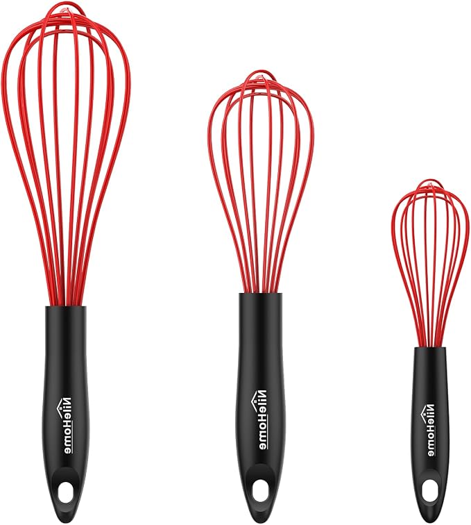 NileHome Silicone Whisk Set 8" 10" 12", 3 Pack Kitchen Whisk Kitchen Wisk Wire by NileHome