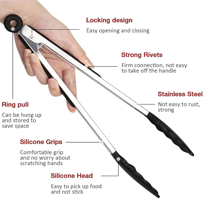 12 Inch Kitchen Tongs Set of 3, Silicone Tongs - Image 4