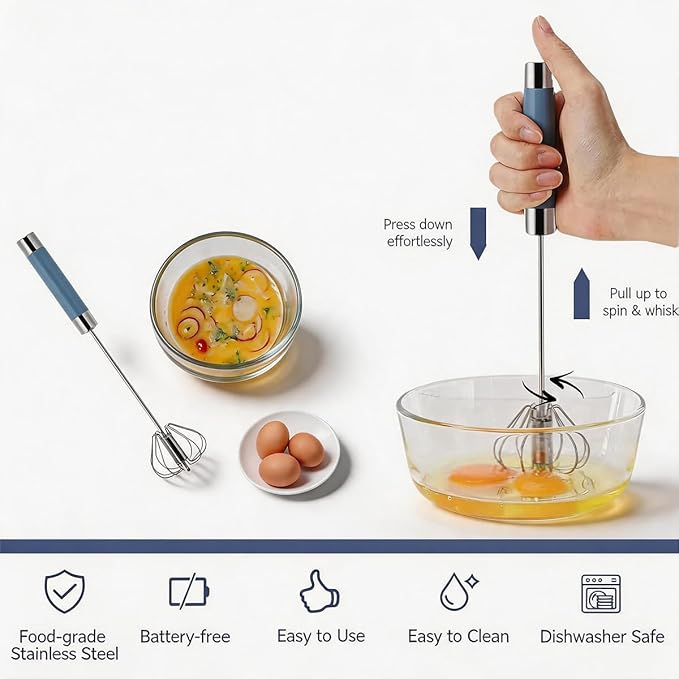 2 Pack Semi Automatic Whisk, Stainless Steel Mini Hand Push Whisks - Image 2