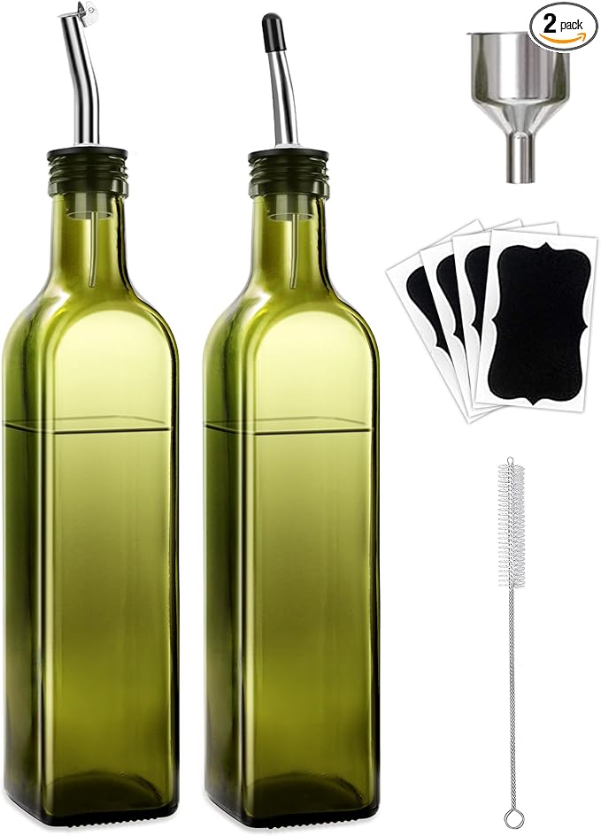 Leaflai 2 Pcs Green Glass Olive Oil Dispenser and Vinegar Dispenser Set by Leaflai