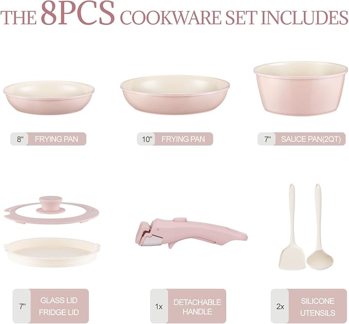 Ceramic Cookware Set Non Stick 8Pcs Pots and Pans Set Removable Handle - Image 2