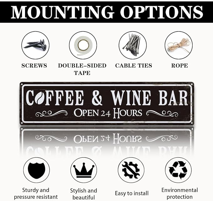 Coffee and Wine Bar Decor, Coffee & Wine Bar Open 24 Hours Sign, Retro Metal - Image 3