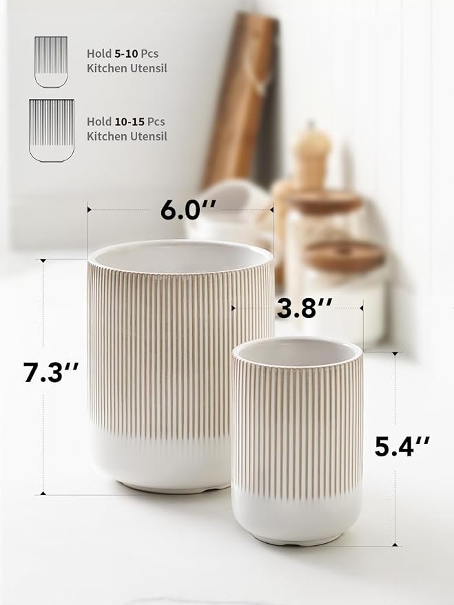 LE TAUCI Utensil Holder for Kitchen Counter, 7.3"+5.4" Fluted Ceramic Utensil - Image 6
