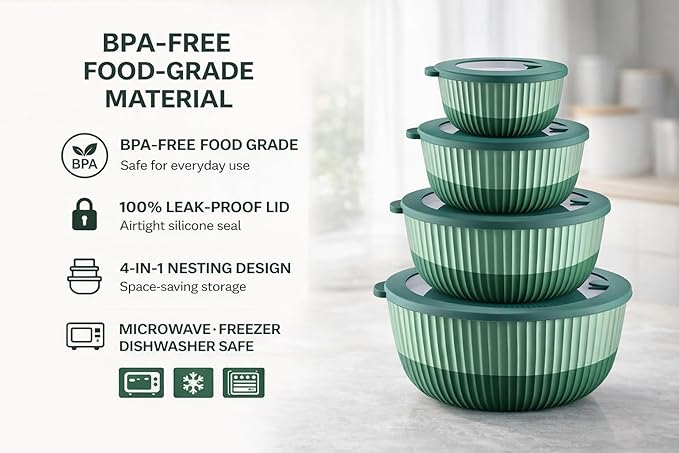 Mixing Bowls with Lids, 8-Piece Airtight Leak-Proof Nesting BPA-Free Bowl Set - Image 7
